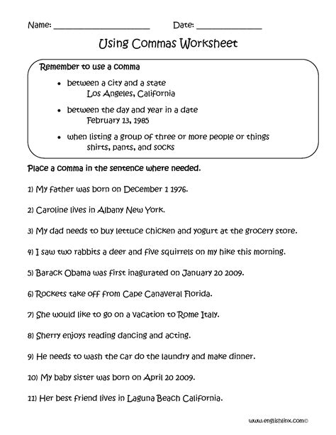 commas worksheets  commas worksheets