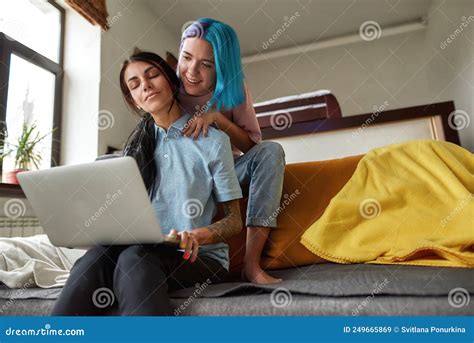Girl Doing Massage Of Her Girlfriend With Laptop Stock Image Image Of