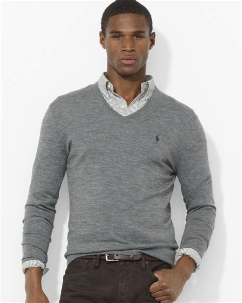 Lyst Ralph Lauren Polo Merino Wool V Neck Sweater In Gray For Men