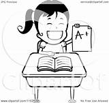 Girl Sitting Report Card School Desk Plus Cartoon Clipart Coloring Holding Her Thoman Cory Outlined Vector sketch template