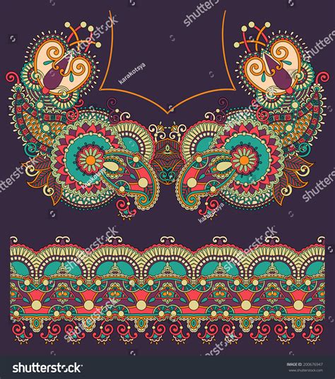 neckline ornate floral paisley embroidery fashion stock vector