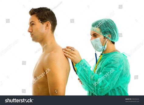 young men   medical exam isolated  white stock photo