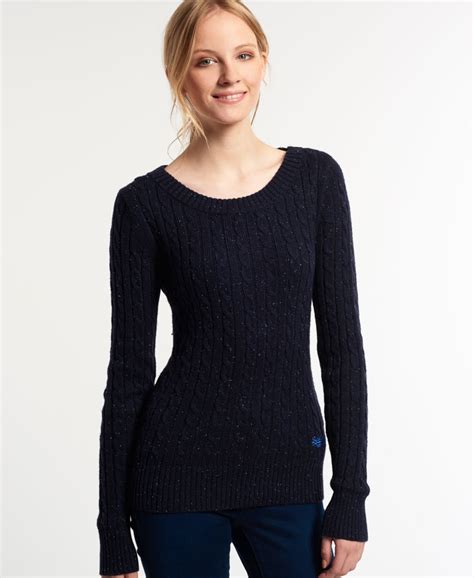 womens new croyde cable crew neck jumper in navy nep superdry