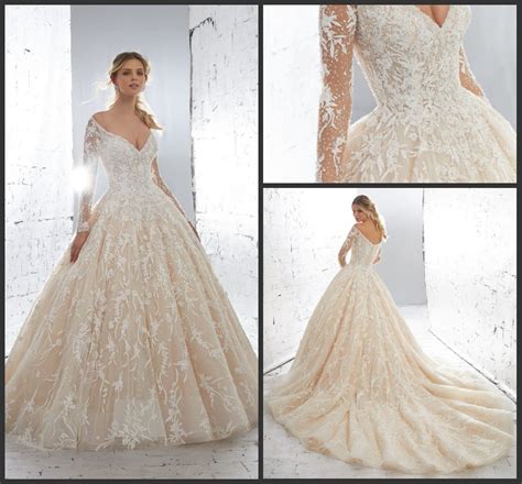 China Long Sleeves Bridal Gowns V Neckline Lace Champagne Wedding Dress