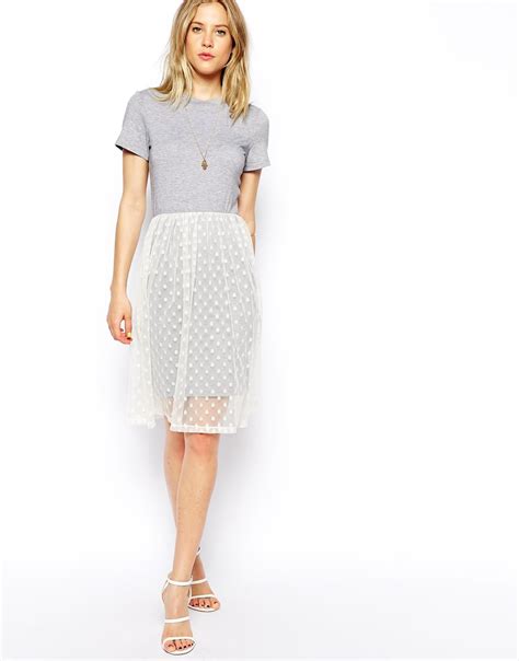 asos midi dress with tshirt and spot mesh skirt in gray