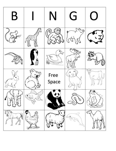 printable animal bingo card  black  white coloring sheet