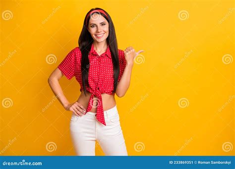 Portrait Of Lovely Cheerful Skinny Long Haired Girl Demonstrating Copy