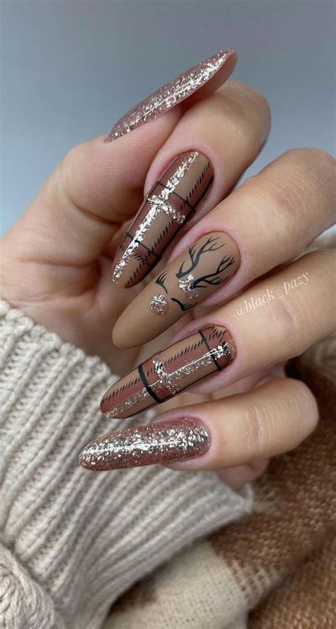 festive holiday nail designs ideas brown plaid rudolph nails