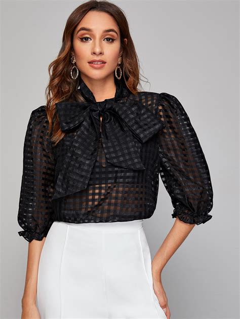 tie neck gingham sheer mesh blouse without bra check out this tie neck