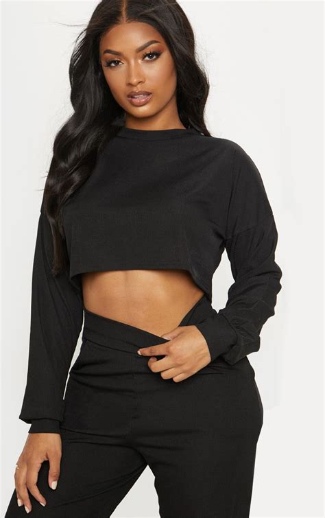 shape black ribbed extreme crop top curve prettylittlething usa