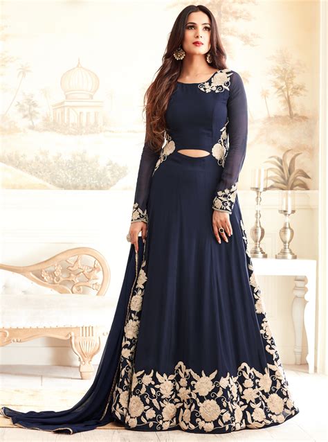 Navy Blue Georgette Anarkali Suit Salwar Kameez Designer Collection