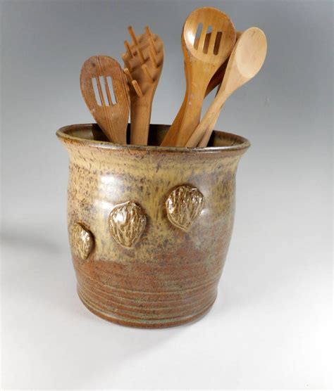 ceramic utensils holder brown kitchen utensil storage jar etsy