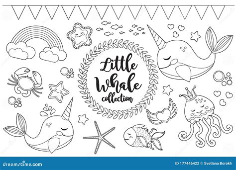 whale unicorn set coloring book page  kids collection