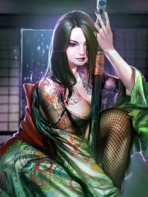 tattooed kimono wearing katana wielding female