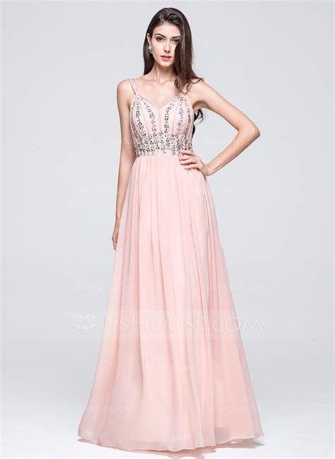 a line princess v neck floor length chiffon prom dresses with ruffle