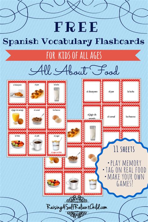printable spanish vocabulary flashcards common foods