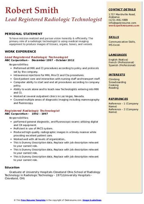 registered radiologic technologist resume samples qwikresume