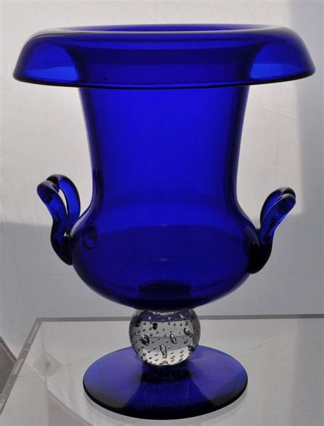 Vintage Pairpoint Free Blown Double Handled Cobalt Glass Urn Blue