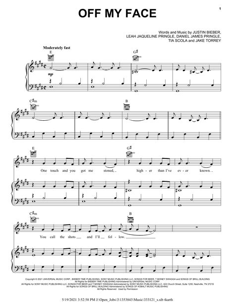 Off My Face Sheet Music Justin Bieber Piano Vocal And Guitar Right