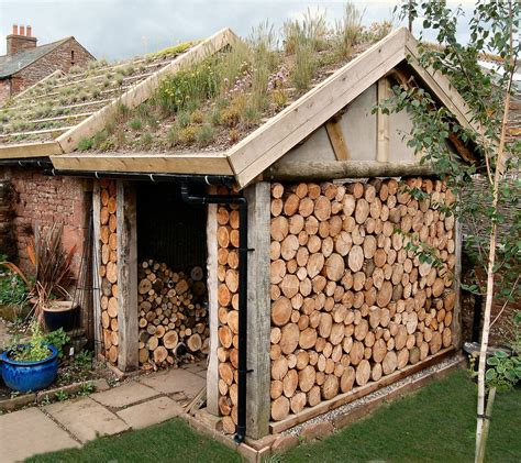 shed    logs  grass   roof   green roof