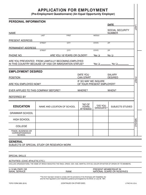 employment application form fill  printable fillable blank