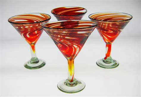 Mexican Glass Martini Glasses Red Swirl Set Of 6 16oz