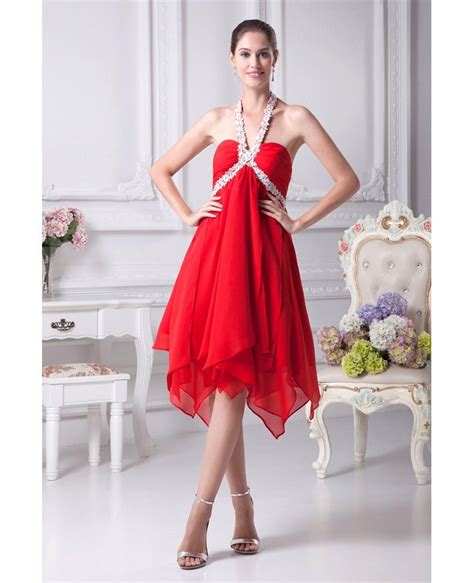 hot red short chiffon crystal prom dress with long halter