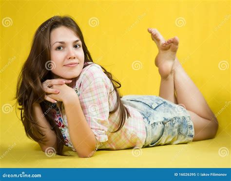 Pretty Brunette Girl Stock Image Image Of Laying Smiling 16026395