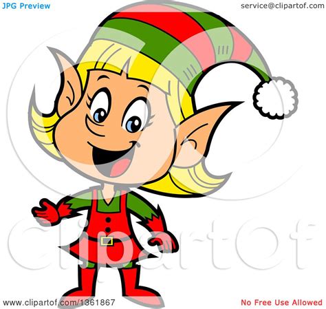 clipart of a cartoon happy presenting female christmas elf royalty