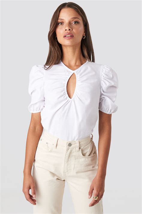 short puff sleeve keyhole front blouse white na kdloungecom