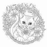 Coloring Pages Cat Cats Kitty Adult Adults Adorable Wreath Exquisite Floral Line Printable sketch template