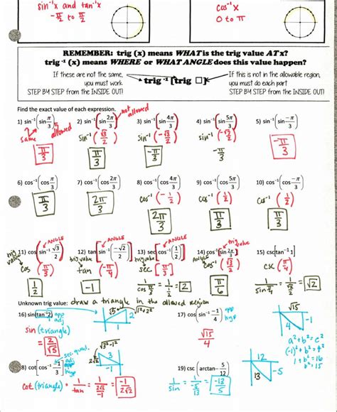 precalculus trig day  exact values worksheet answers precal db excelcom
