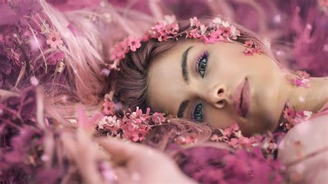 wallpaper face women model portrait depth of field pink flowers