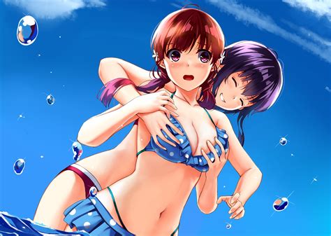 2girls aliasing bikini blush breast grab breasts bubbles cleavage clouds hashima izumi hyoudou