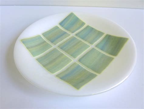 Fused Glass Round Plate In White With Shades Of Green Yellow