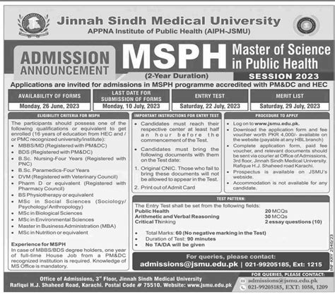 Jinnah Sindh Medical University Jsmu Msph Admissions 2023 2023