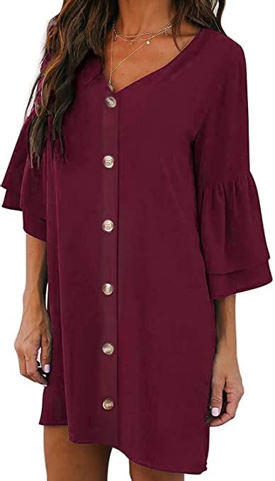 Actloe Women V Neck Front Button 3 4 Bell Sleeve Shift Shirt Dress A