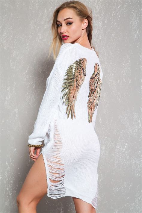 Sexy White Sequins Wings Long Sleeves Distressed Knit Sweater Dress