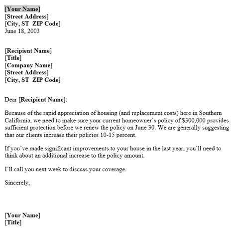 increase insurance coverage reminder letter  letters templates