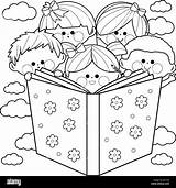 Book Kids Coloring Reading Group Stock Illustration Children Together Big Vector Alamy Getdrawings Drawing sketch template