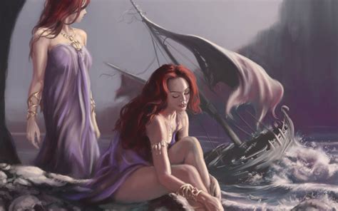 Fantasy Siren Mermaid Ocean Storm Ship Redhead Sexy Babe Art