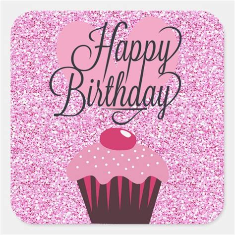 happy birthday pink glitter cupcake stickers zazzlecouk