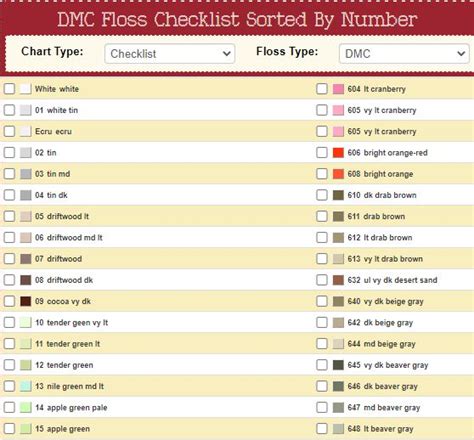 dmc floss checklist   dmc floss chart floss dmc floss