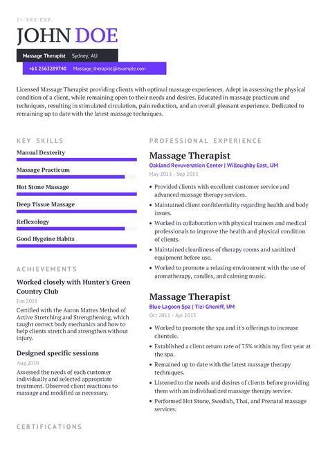 massage therapist resume   content sample craftmycv