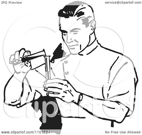Clipart Retro Black And White Scientist Mixing Chemicals