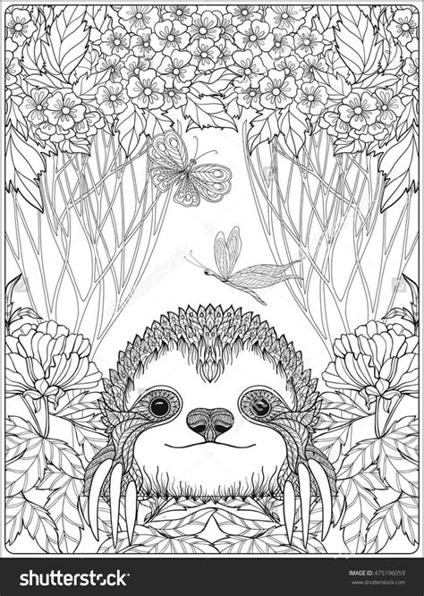 cute sloth  forest coloring page  adults shutterstock