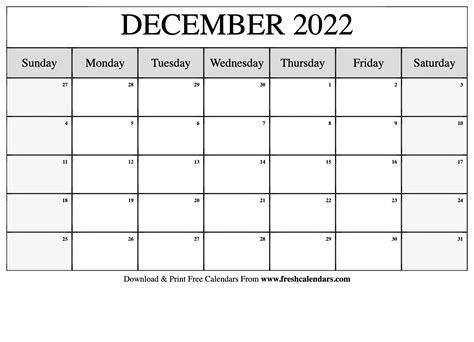 blank printable december  calendars