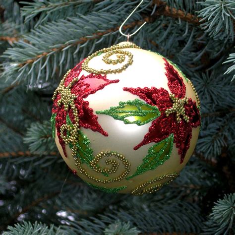 Beaded Poinsettia Hand Blown Glass Ball Christmas Ornament Garden