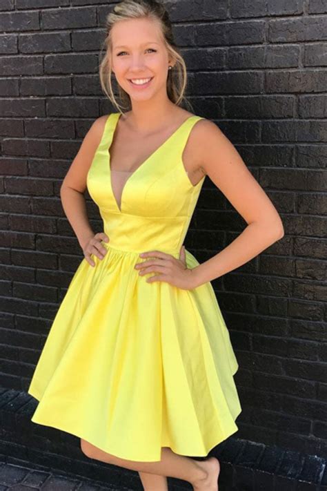 A Line V Neck Short Cute Prom Dresses Yellow Satin Homecoming Dresses