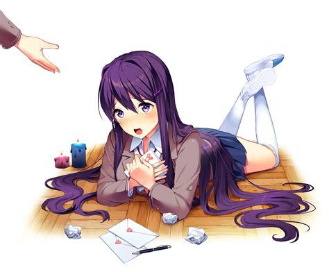 blush doki doki literature club kneehighs long hair paper purple eyes purple hair seifuku skirt